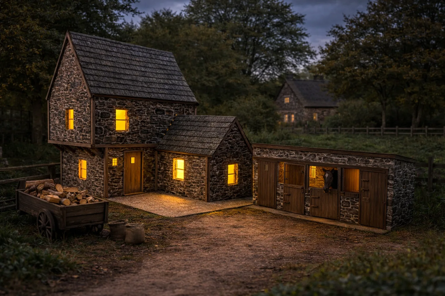 Concept visual of a fantasy inn and stables at dusk